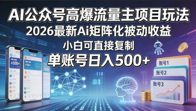 AI公众号高爆流量主项目玩法，2026最新Ai矩阵化被动收益，小白可直接复制，单账号日入500+|无忧资源社