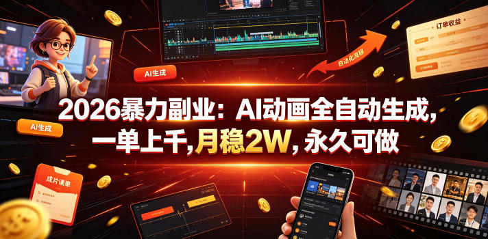 2026暴力副业：AI动画全自动生成，一单上千，月稳2W，永久可做【揭秘】|无忧资源社
