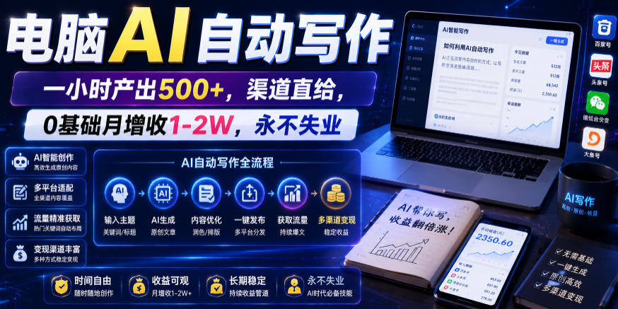 电脑AI自动写作，一小时产出500+，渠道直给，0基础月增收1-2W，永不失业【揭秘】|无忧资源社