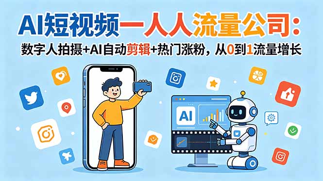 （18864期）AI短视频一人流量公司：数字人拍摄+AI自动剪辑+热门涨粉，从0到1流量增长|无忧资源社