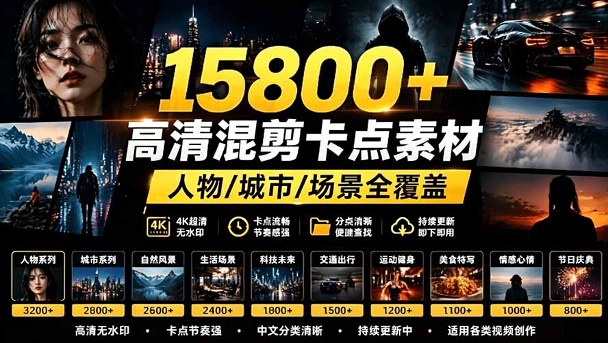 （19120期）【影视剪辑素材合集】15800+高清混剪卡点｜热门影视精彩片段｜人物/城市/场景全覆盖，中文分类清晰|无忧资源社