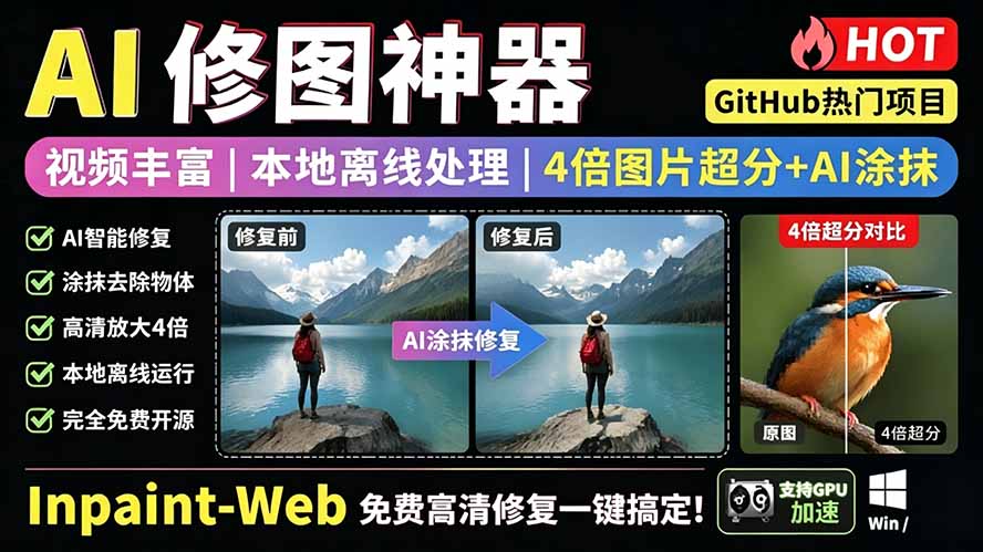 （19073期）本地离线处理，4倍图片超分+AI涂抹去水印！ Github上热门神器，免费高清修复图一键搞定！Inpaint-Web|无忧资源社