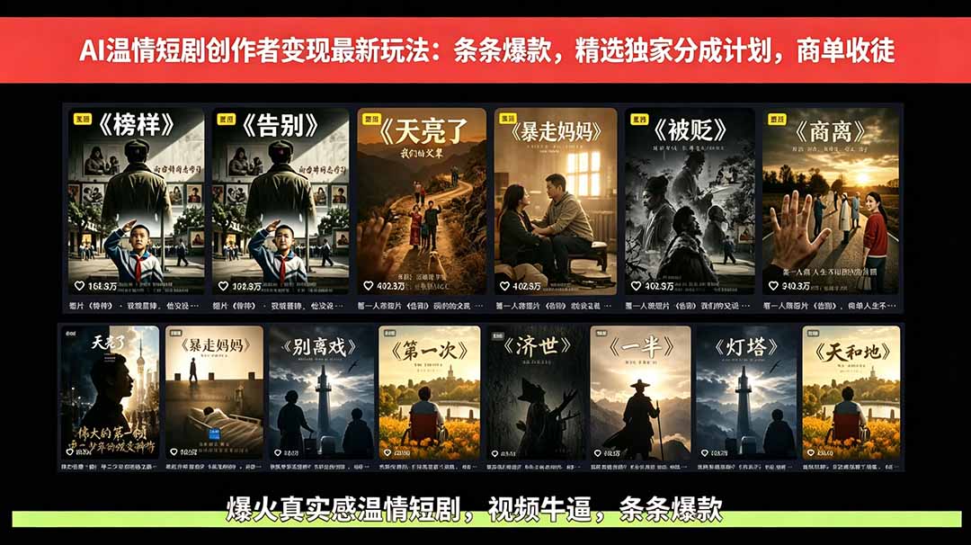 （18748期）AI温情短剧创作者变现最新玩法：视频牛逼，条条爆款，精选独家分成计划，商单收徒|无忧资源社
