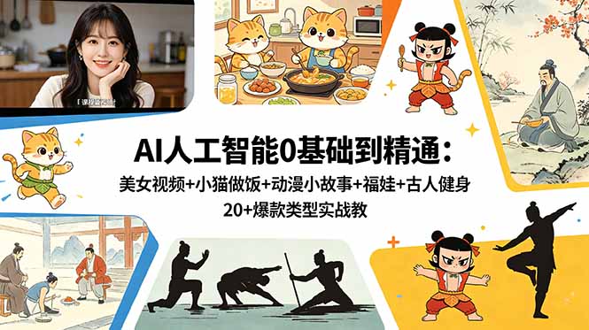 （18685期）AI人工智能0基础到精通：美女视频+小猫做饭+动漫小故事+福娃+古人健身，20+爆款类型实战教学|无忧资源社