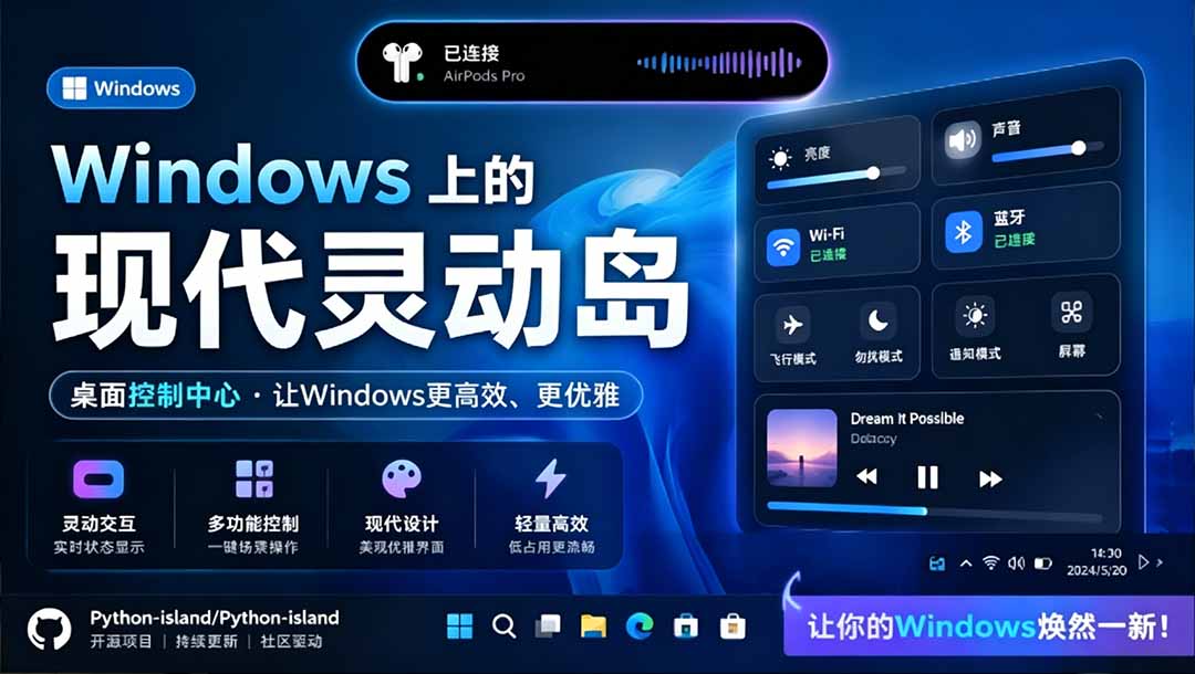 （19104期）Windows也能拥有桌面灵动岛！现代化的系统控制中心，让你的电脑多个黑刘海，PyIsland|无忧资源社