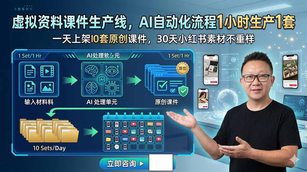 （19091期）虚拟资料课件生产线，AI自动化流程1小时生产1套，一天上架10套原创课件，30天小红书素材不重样|无忧资源社