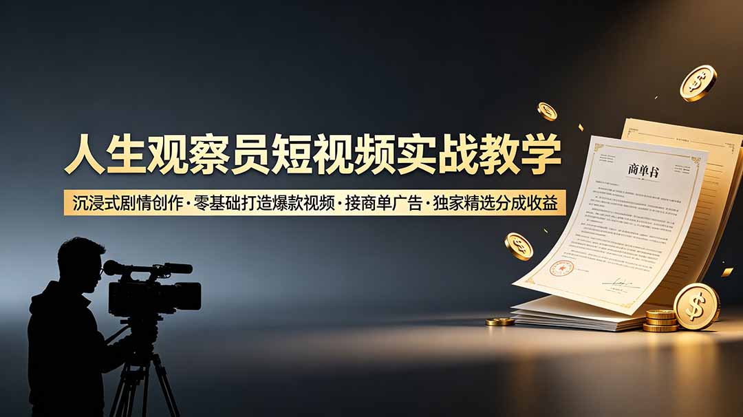（19113期）人生观察员短视频实战教学，沉浸式剧情创作，零基础打造爆款视频，接商单广告，独家精选分成收益|无忧资源社