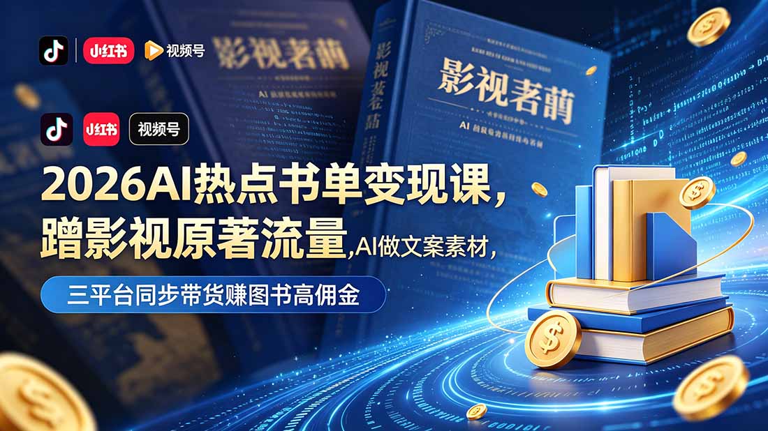 （18727期）2026AI热点书单变现课，蹭影视原著流量，AI做文案素材，三平台同步带货赚图书高佣金|无忧资源社
