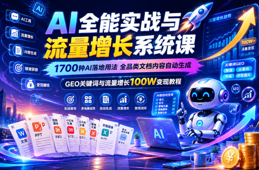 AI全能实战与流量增长系统课，1700种AI落地用法，全品类文档内容自动生成，GEO关键词与流量增长100W变现教程|无忧资源社