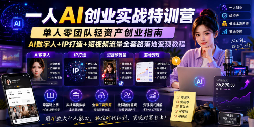 一人AI创业实战特训营，单人零团队轻资产创业指南，AI数字人+IP打造+短视频流量全套路落地变现教程|无忧资源社