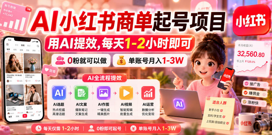 AI小红书商单起号项目，用AI提效,每天1-2小时即可，0粉就可以做，单账号月入1-3W|无忧资源社