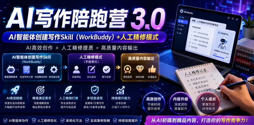AI写作陪跑营3.0，Ai智能体创建写作skill（workbuddy）+人工手写模式（手搓模式），去除AI痕迹（头条号、公众号、百家号）|无忧资源社