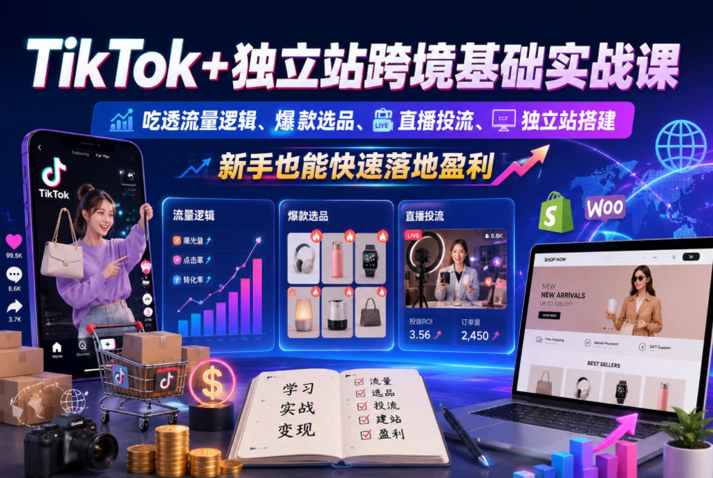 TikTok+独立站跨境基础实战课，吃透流量逻辑、爆款选品、直播投流与独立站搭建，新手也能快速落地盈利|无忧资源社
