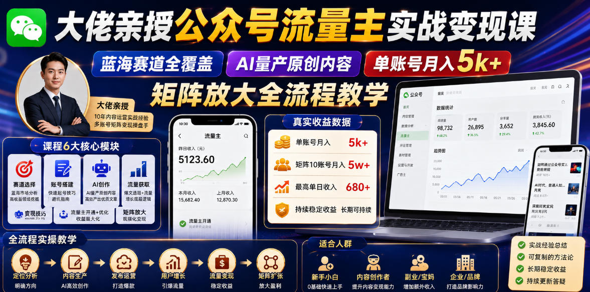 大佬亲授公众号流量主实战变现课，蓝海赛道全覆盖，AI量产原创内容，单账号月入5k+矩阵放大全流程教学|无忧资源社