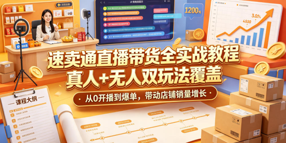 速卖通直播带货全实战教程，真人+无人双玩法覆盖，从0开播到爆单，带动店铺销量增长|无忧资源社