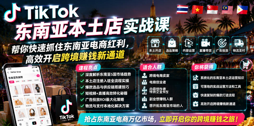 TikTok东南亚本土店实战课，帮你快速抓住东南亚电商红利，高效开启跨境賺钱新通道|无忧资源社