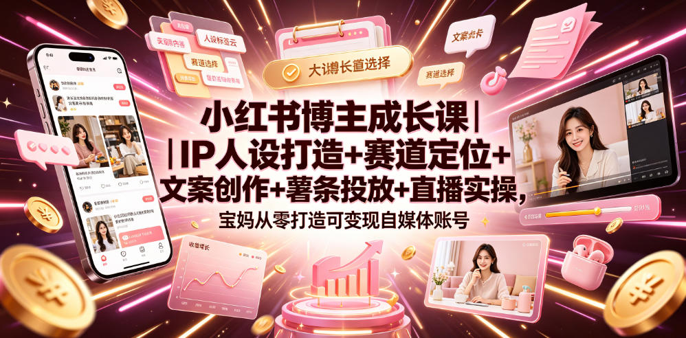 小红书博主成长课｜IP人设打造+赛道定位+文案创作+薯条投放+直播实操，宝妈从零打造可变现自媒体账号|无忧资源社