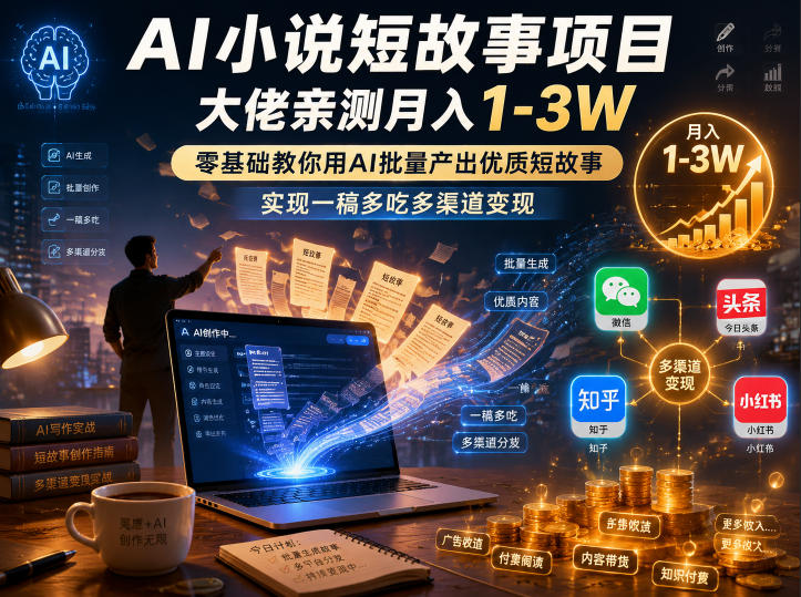 AI小说短故事项目，大佬亲测月入1-3W，零基础教你用AI批量产出优质短故事，实现一稿多吃多渠道变现|无忧资源社