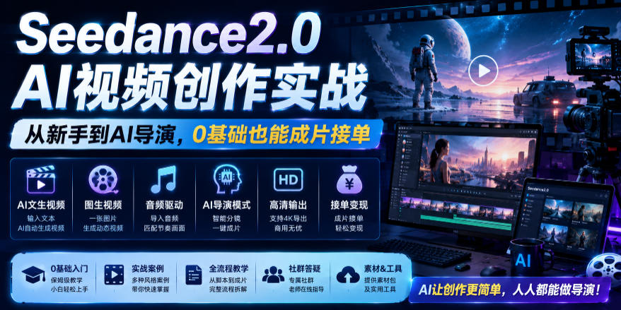 Seedance2.0 AI视频创作实战，从新手到AI导演，0基础也能成片接单变现|无忧资源社