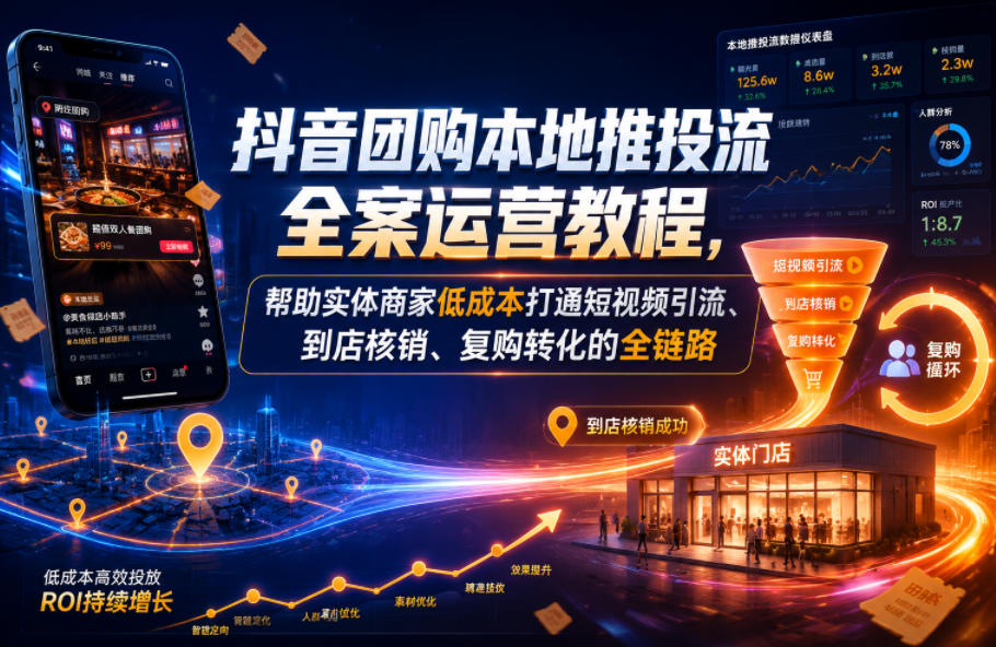 抖音团购本地推投流全案运营教程，帮助实体商家低成本打通短视频引流、到店核销、复购转化的全链路|无忧资源社