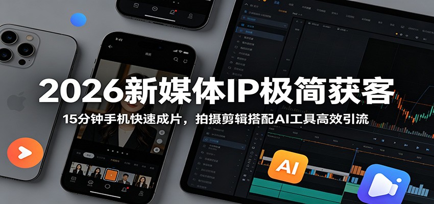 2026新媒体IP极简获客：15分钟手机快速成片，拍摄剪辑搭配AI工具高效引流|无忧资源社