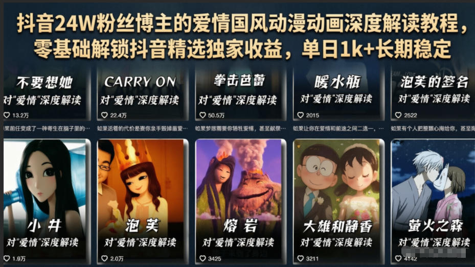 抖音24W粉丝博主的爱情国风动漫动画深度解读教程,零基础解锁抖音精选独家收益,单日1k+长期稳定|无忧资源社