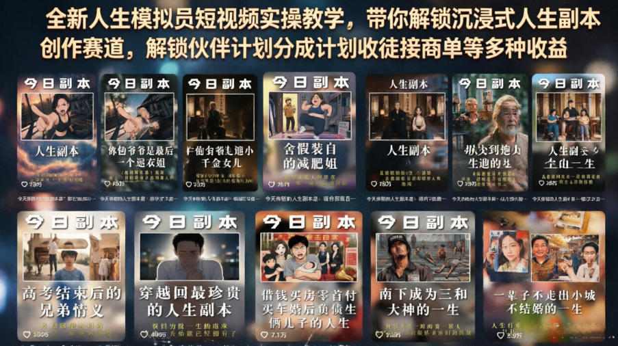 全新人生模拟员短视频实操教学，带你解锁沉浸式人生副本创作赛道，解锁伙伴计划分成计划收徒接商单等多种收益|无忧资源社
