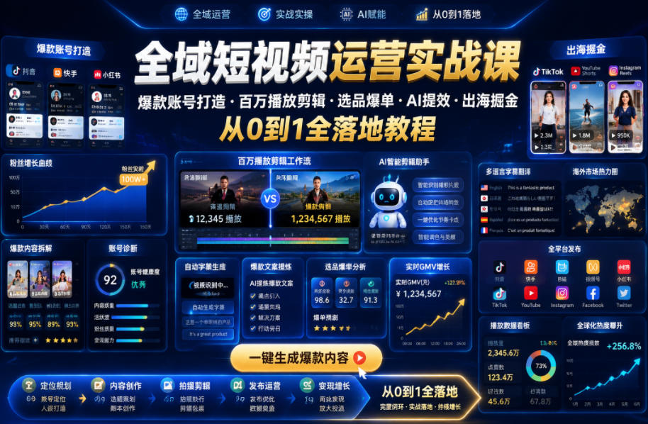 全域短视频运营实战课，爆款账号打造・百万播放剪辑・选品爆单・AI提效・出海掘金，从0到1全落地教程|无忧资源社
