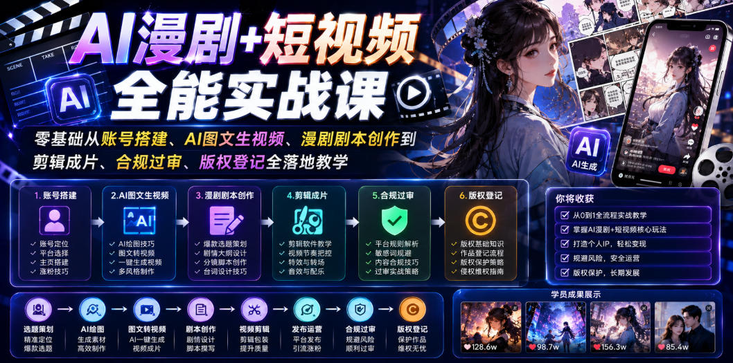 AI漫剧+短视频全能实战课｜零基础从账号搭建、AI图文生视频、漫剧剧本创作到剪辑成片、合规过审、版权登记全落地教学|无忧资源社