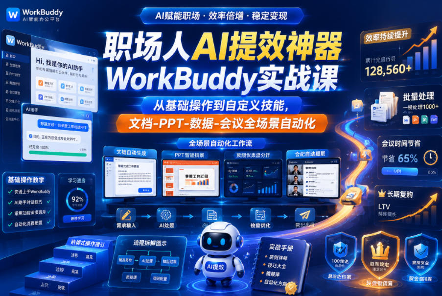 职场人AI提效神器WorkBuddy实战课，从基础操作到自定义技能，文档-PPT-数据-会议全场景自动化|无忧资源社