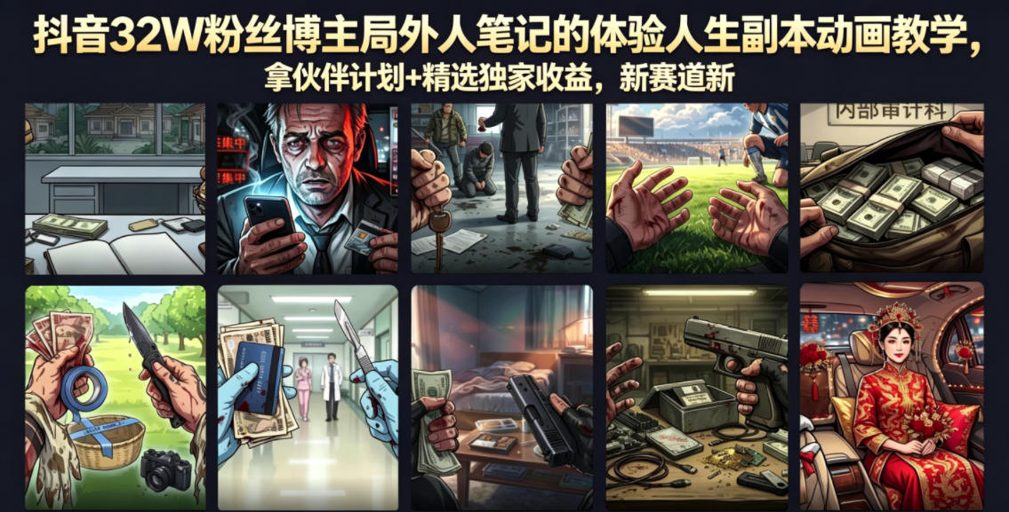 抖音32W粉丝博主局外人笔记的体验人生副本动画教学，拿伙伴计划+精选独家收益，新赛道新涨粉快【录制版】|无忧资源社