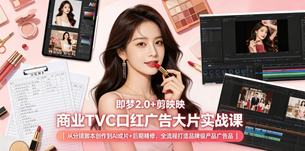 即梦2.0+剪映商业TVC口红广告大片实战课｜从分镜脚本创作到AI成片+后期精修，全流程打造品牌级产品广告|无忧资源社