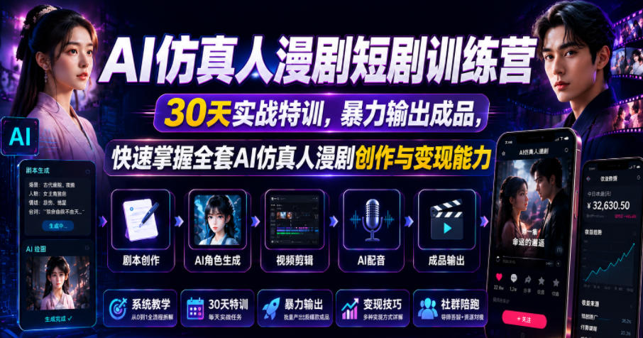 AI仿真人漫剧短剧训练营，30天实战特训，暴力输出成品，快速掌握全套AI仿真人漫剧创作与变现能力|无忧资源社