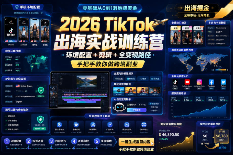 2026 TikTok出海实战训练营，环境配置 + 剪辑 + 全变现路径，手把手教你做跨境副业|无忧资源社