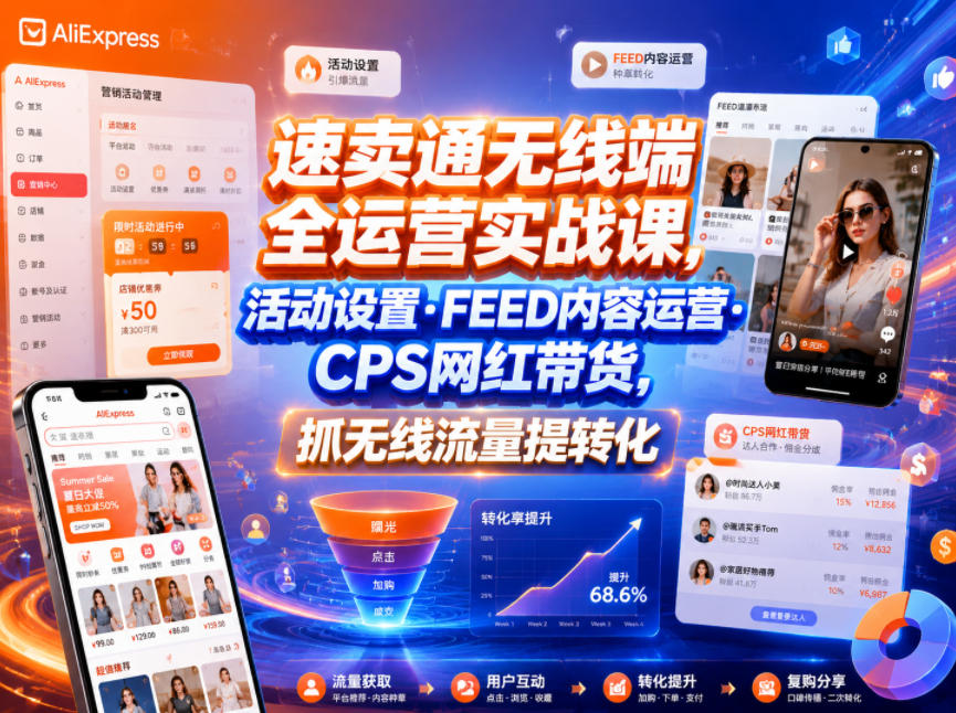 速卖通无线端全运营实战课，活动设置・FEED内容运营・CPS网红带货，抓无线流量提转化|无忧资源社