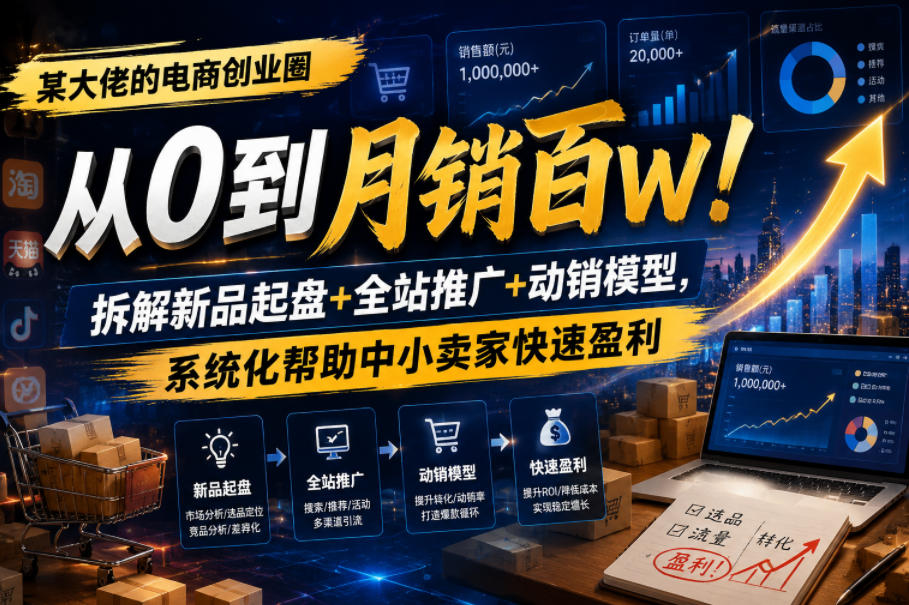 某大佬的电商创业圈从0到月销百W！拆解新品起盘+全站推广+动销模型，系统化帮助中小卖家快速盈利|无忧资源社