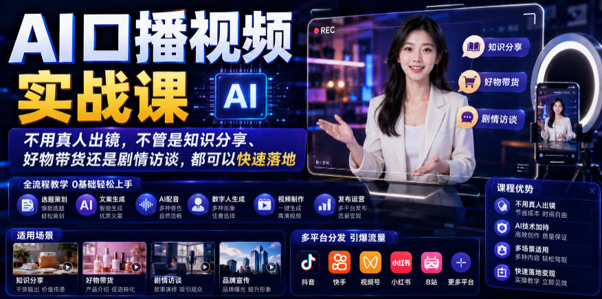 AI口播视频实战课，不用真人出镜，不管是知识分享、好物带货还是剧情访谈，都可以快速落地|无忧资源社