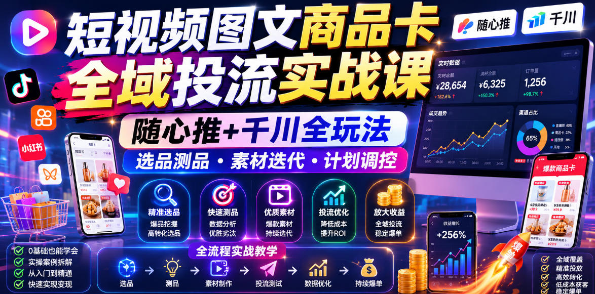 短视频图文商品卡全域投流实战课，随心推+千川全玩法，选品测品・素材迭代・计划调控，提升ROI爆单增收教程|无忧资源社