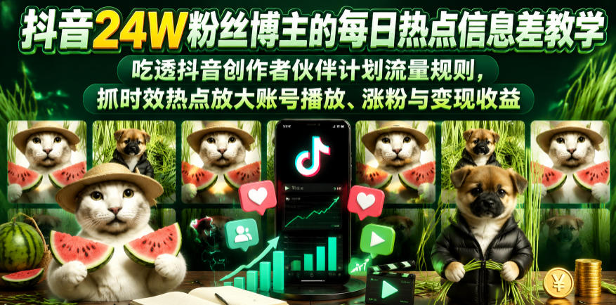 抖音24W粉丝博主的每日热点信息差教学，吃透创作者伙伴计划流量规则，抓时效热点放大账号播放、涨粉与变现收益|无忧资源社