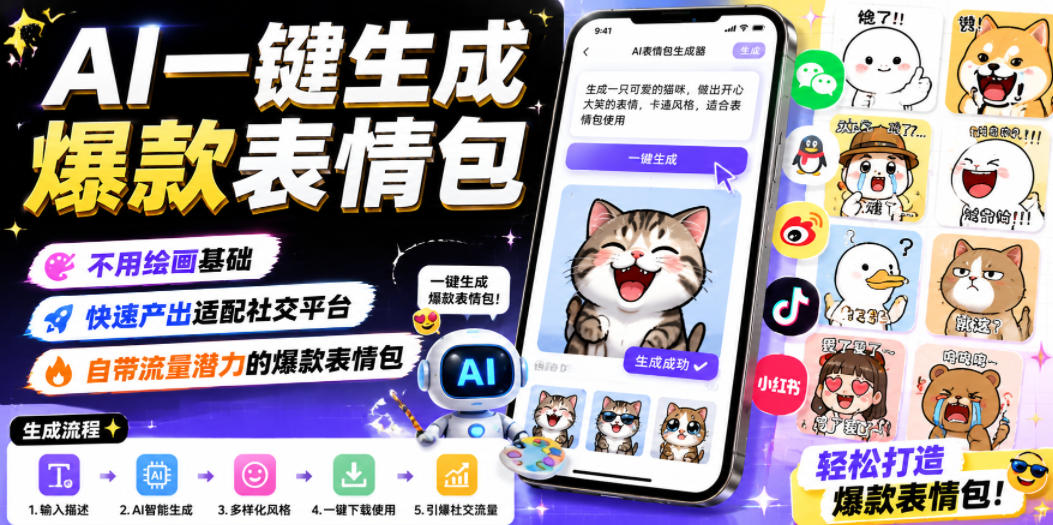 AI一键生成爆款表情包，不用绘画基础，快速产出适配社交平台，自带流量潜力的爆款表情包|无忧资源社