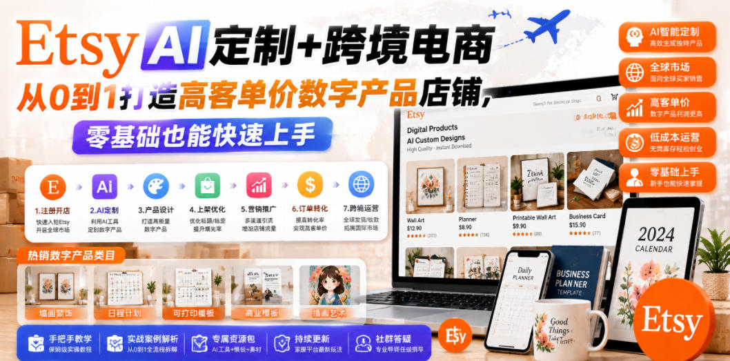 Etsy AI定制+跨境电商，从0到1打造高客单价数字产品店铺，零基础也能快速上手|无忧资源社