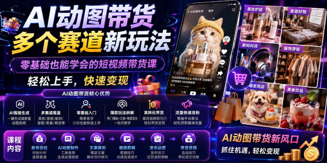 AI动图带货多个赛道新玩法，零基础也能学会的短视频带货课，轻松上手，快速变现|无忧资源社