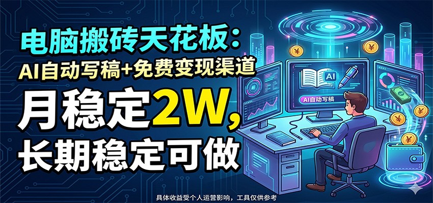 电脑搬砖天花板：AI自动写稿+免费变现渠道，月稳定2W，长期稳定可做|无忧资源社