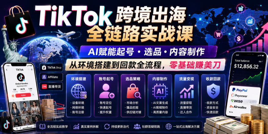 TikTok跨境出海全链路实战课，AI赋能起号・选品・内容制作，从环境搭建到回款全流程，零基础賺美刀|无忧资源社