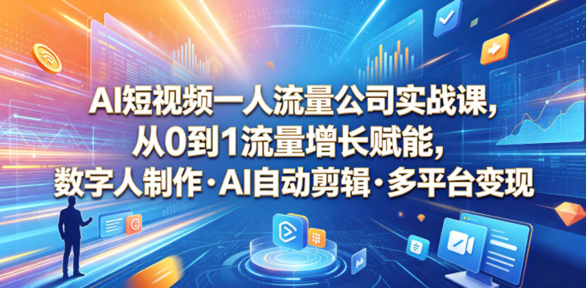AI短视频一人流量公司实战课，从0到1流量增长赋能，数字人制作・AI自动剪辑・多平台变现，一人做流量生意全落地教程|无忧资源社