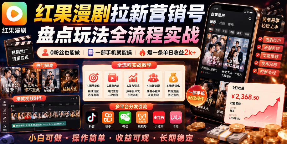 红果漫剧拉新营销号盘点玩法全流程实战，0粉丝也能做，一部手机就能做，爆一条单日收益2k+|无忧资源社