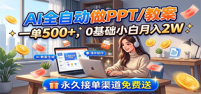AI全自动做PPT/教案，一单500+，0基础小白月入2W，永久接单渠道免费送|无忧资源社