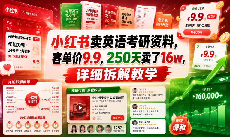 小红书卖英语考研资料，客单价9.9，250天卖了16w，详细拆解教学|无忧资源社