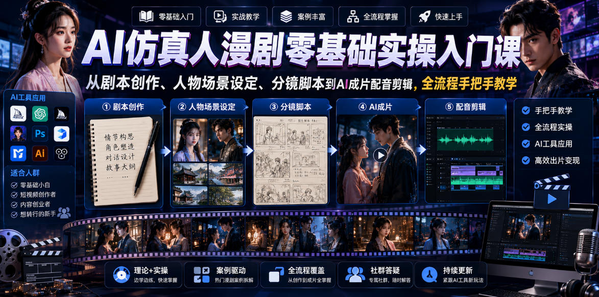 AI仿真人漫剧零基础实操入门课，从剧本创作、人物场景设定、分镜脚本到AI成片配音剪辑，全流程手把手教学|无忧资源社