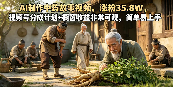 AI制作中药故事视频，涨粉35.8W，视频号分成计划+橱窗收益非常可观，简单易上手|无忧资源社
